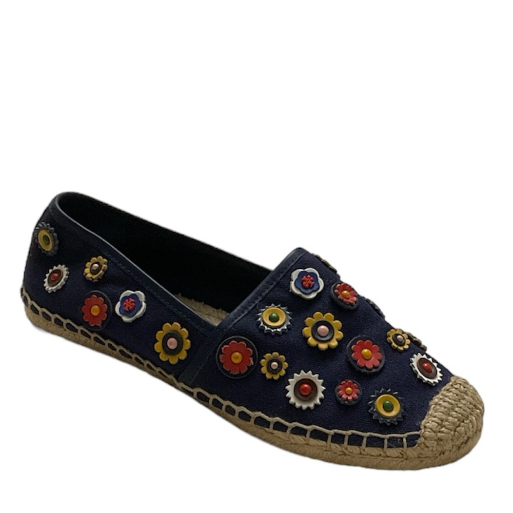 Tory Burch Navy Espadrilles with Colorful Floral Accents